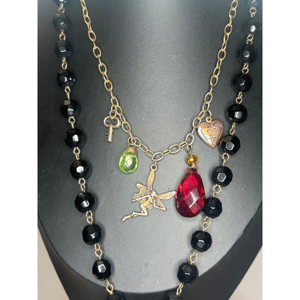 Vintage Y2K Fairy Locket Charm Necklace Set Black Bead Boho Whimsical